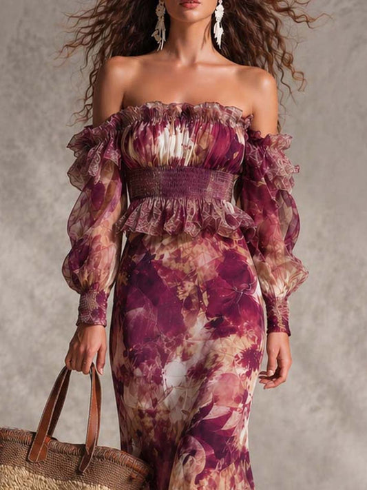 Abito lungo in chiffon a fiori rosa cipria con spalle scoperte