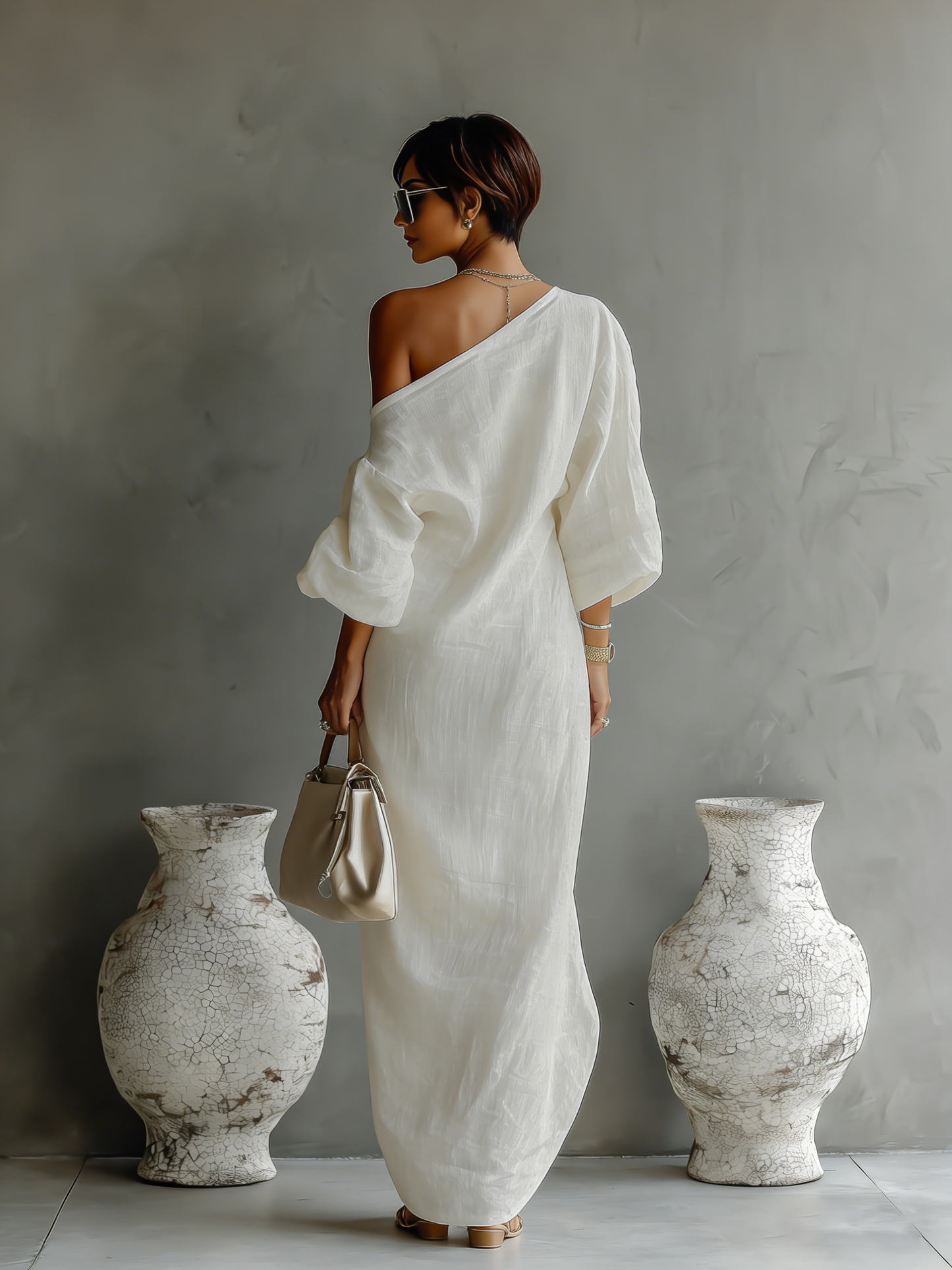 Vestito elegante e fluido in bianco avorio con spalle scoperte