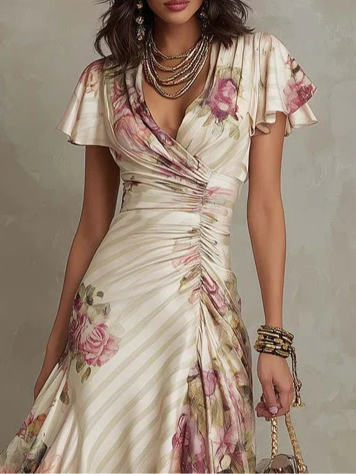 Alba | Elegante abito midi avvolgente con motivo floreale e ruches