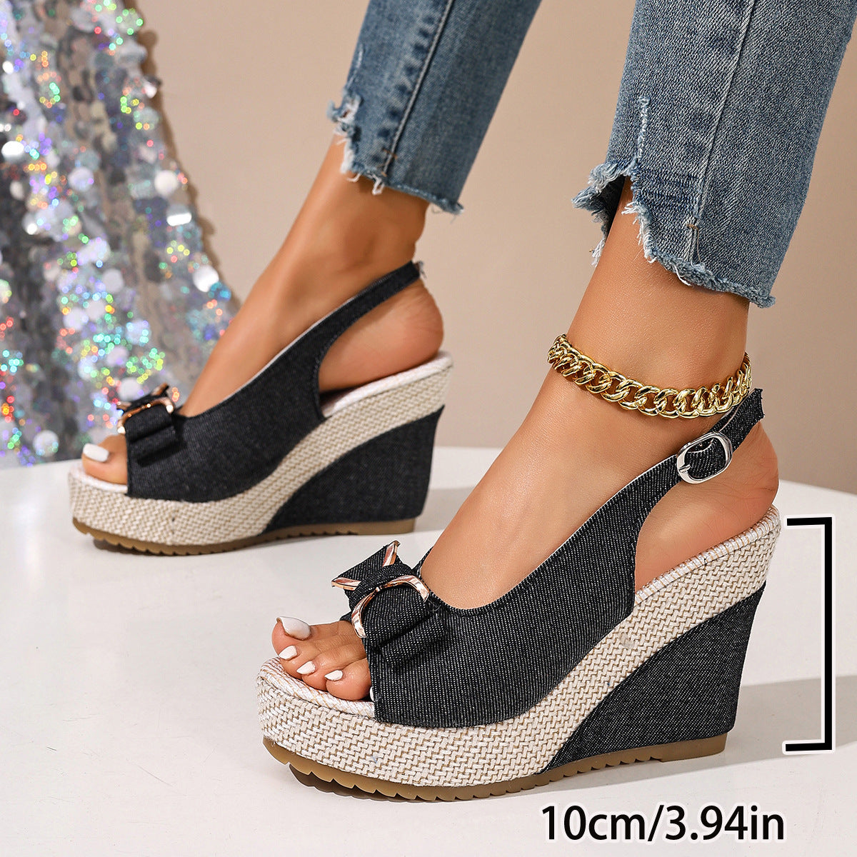 Celeste zeppe in denim con fiocco