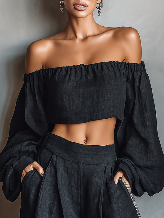Aisha | Top in lino misto senza spalline e set con pantaloni a gamba larga