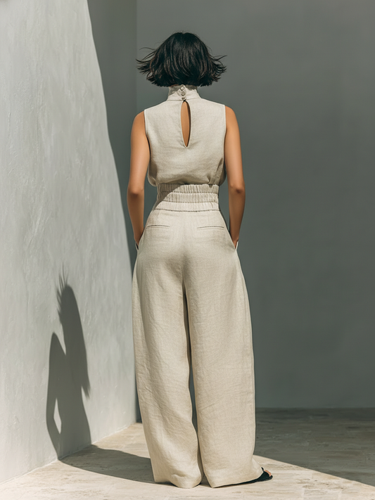 Aurora | Set coordinato beige comodo senza maniche con pantaloni a gamba ampia