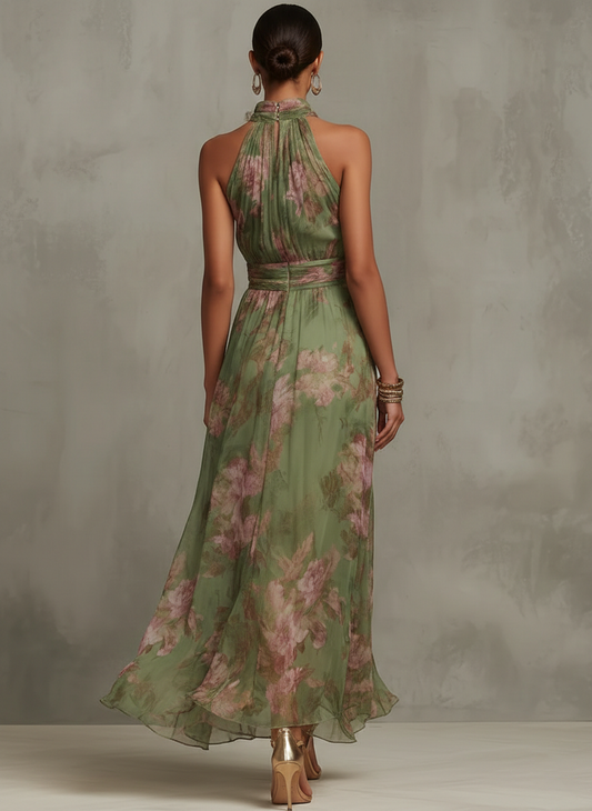 Serena — Abito lungo in chiffon floreale con scollo a halter