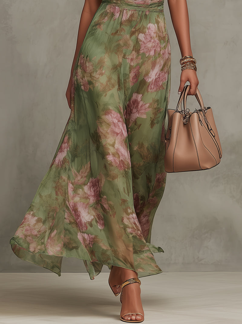 Serena — Abito lungo in chiffon floreale con scollo a halter