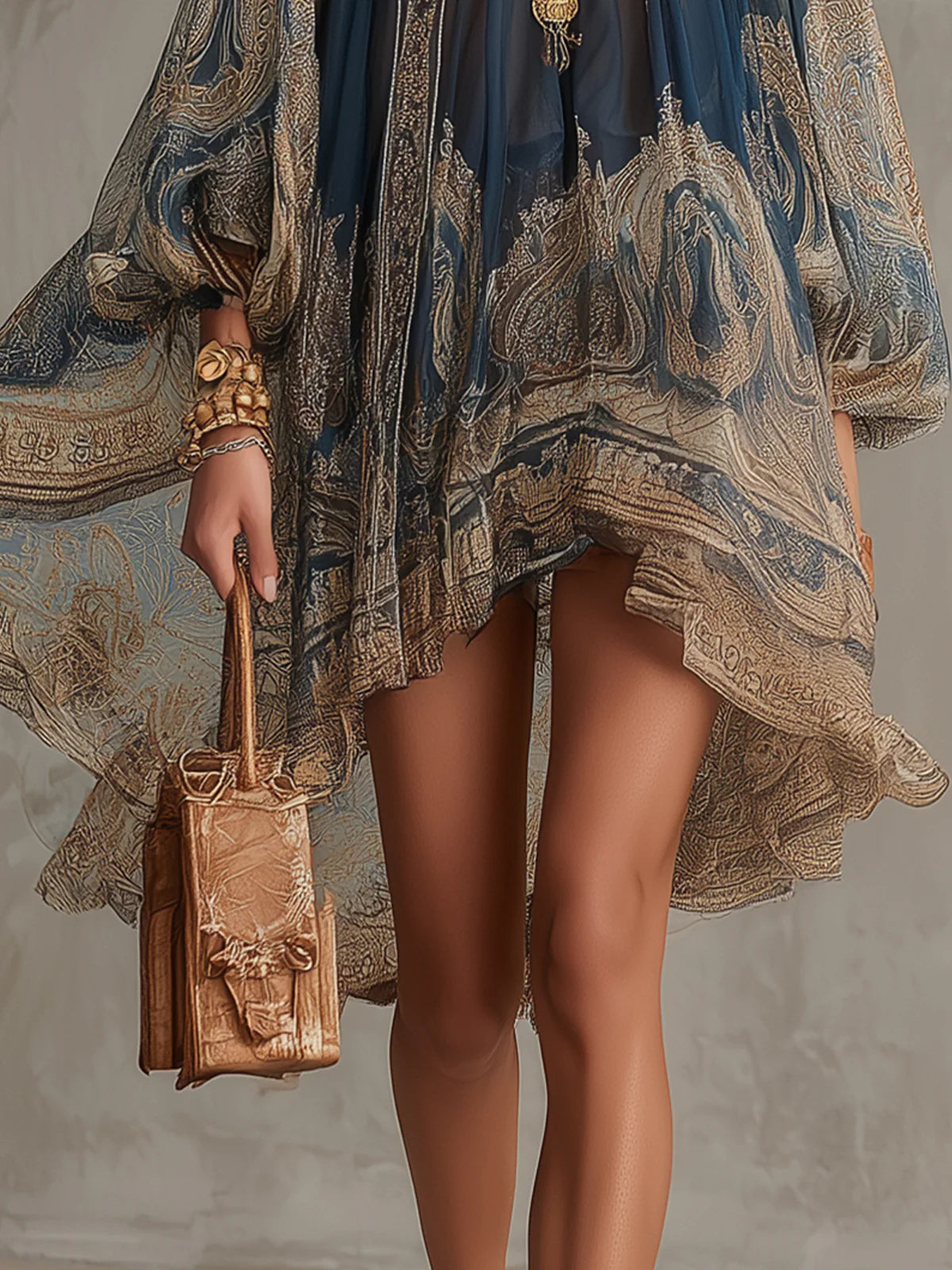 Vestito mini in chiffon blu navy con stampa barocca e collo alto, taglio irregolare