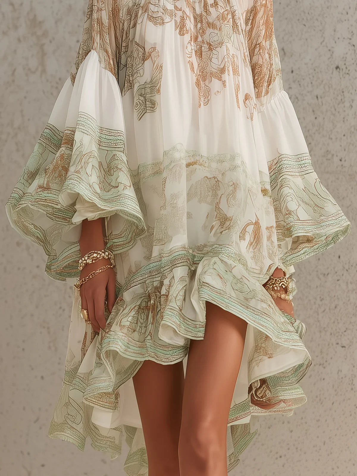 Vestito corto in chiffon con stampa verde, maniche a volant e orlo a volant.