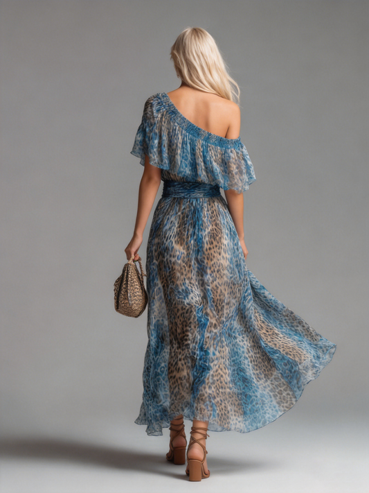 Wild - Abito lungo in chiffon con stampa leopardata e spalle scoperte