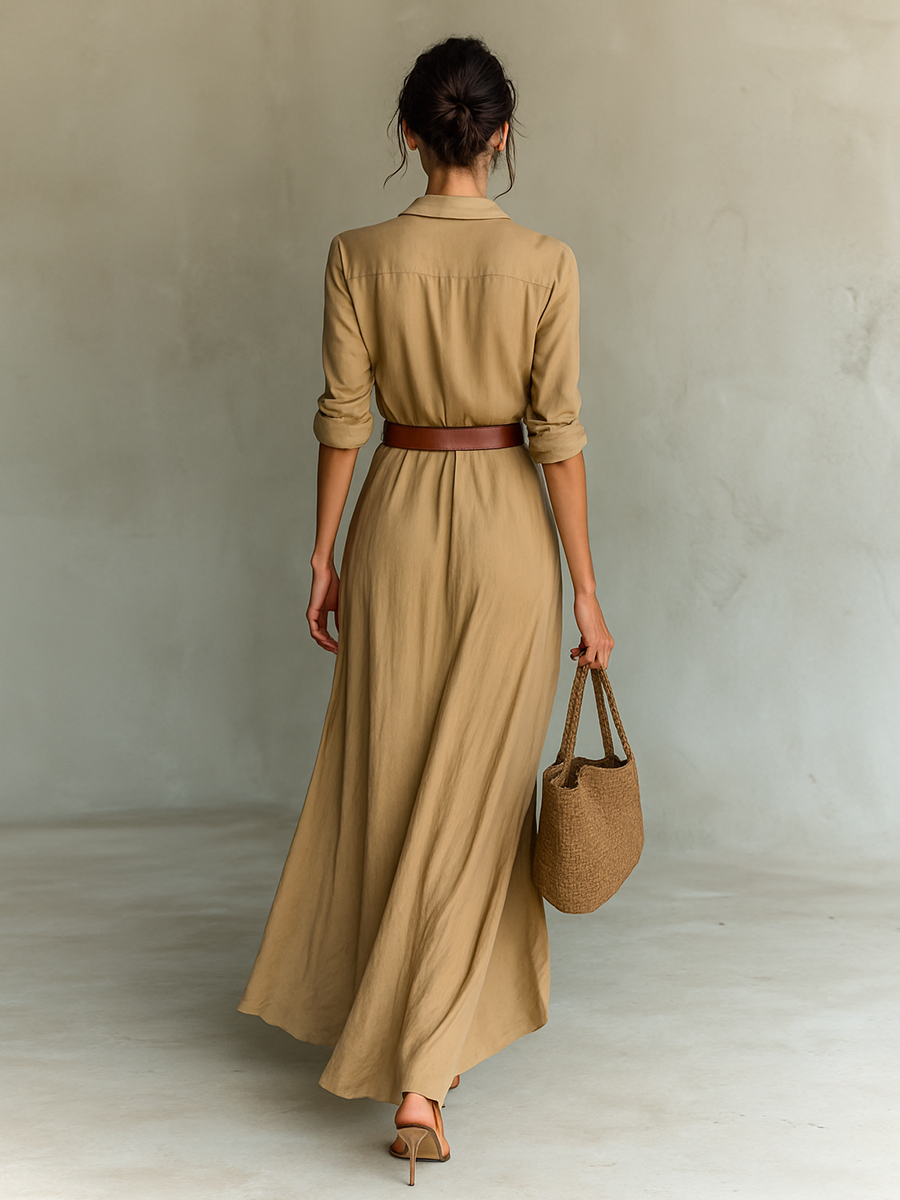 Vestito lungo maxi da donna con colletto a revers e maniche lunghe