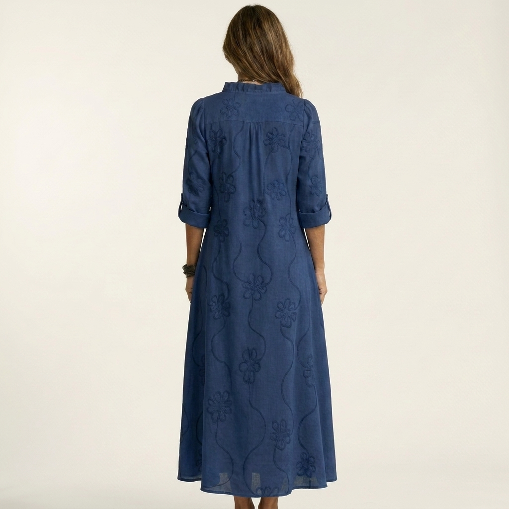 Mariam | Vestito lungo in cotone-lino con ricami floreali tono su tono