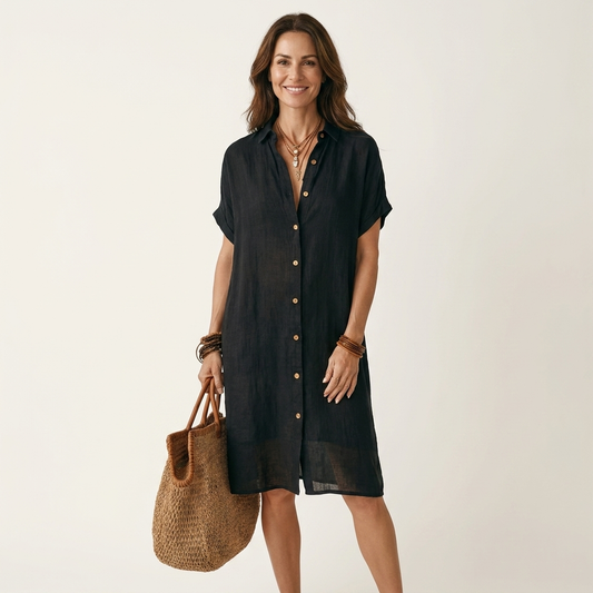 Nidalie | Vestito chemisier midi in cotone-lino con polsini arrotolati