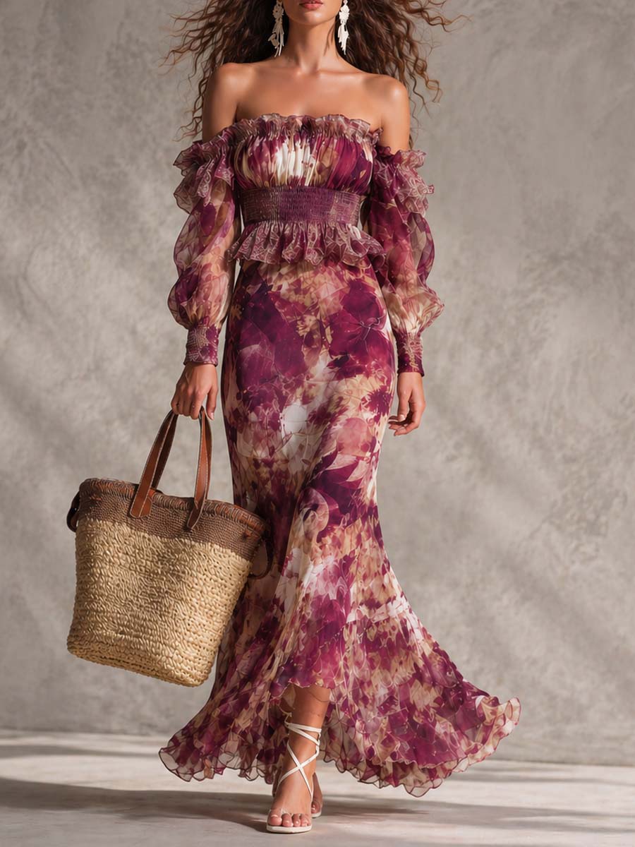 Abito lungo in chiffon a fiori rosa cipria con spalle scoperte