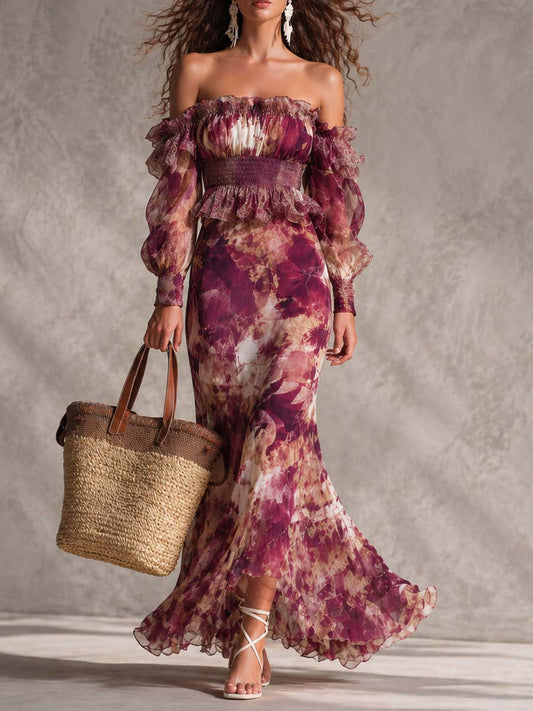 Abito lungo in chiffon a fiori rosa cipria con spalle scoperte