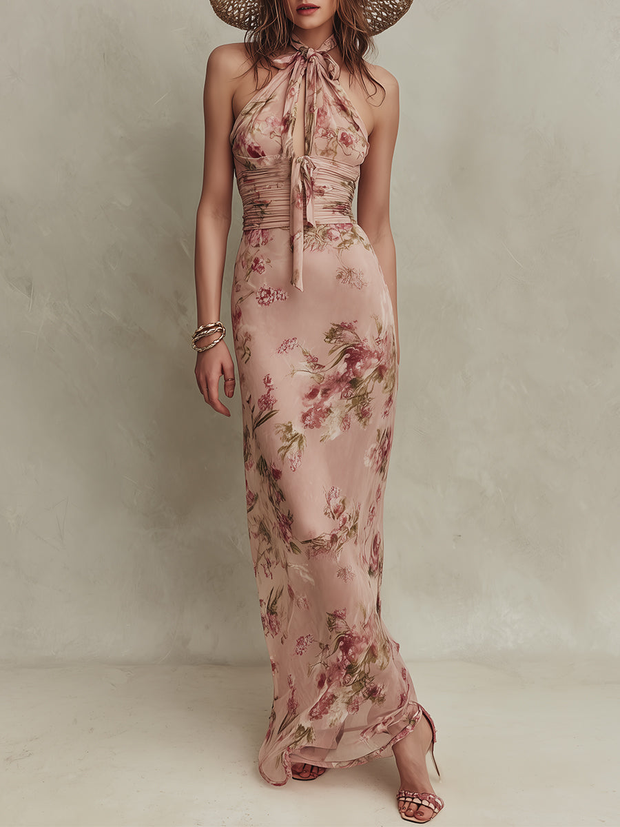Lia - Abito lungo in chiffon stampato floreale elegante con scollatura a foro chiave