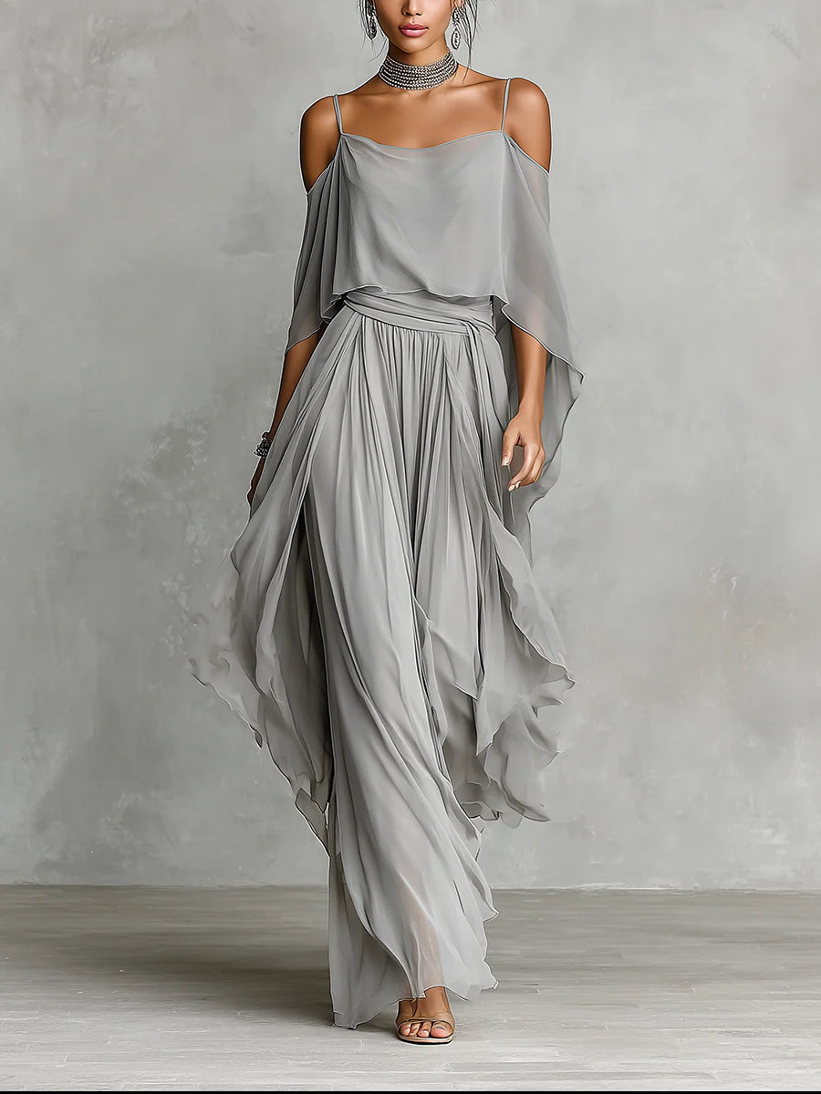 Isabella | Top fluido grigio e pantaloni in chiffon - set • S1