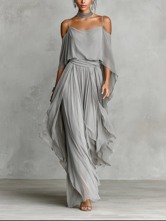 Isabella | Top fluido grigio e pantaloni in chiffon - set • S1