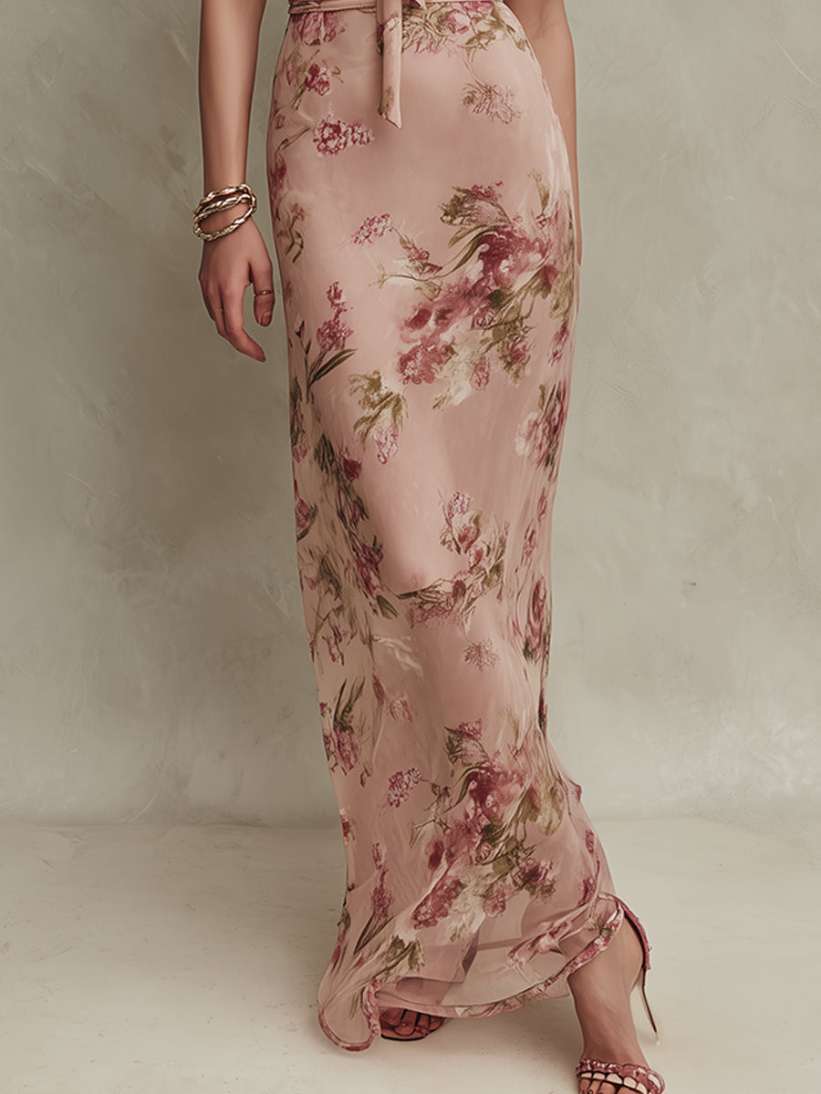 Lia - Abito lungo in chiffon stampato floreale elegante con scollatura a foro chiave