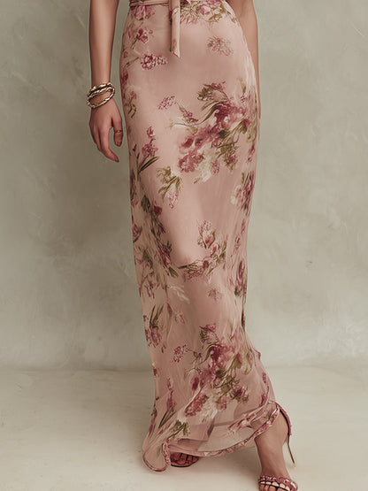 Lia - Abito lungo in chiffon stampato floreale elegante con scollatura a foro chiave