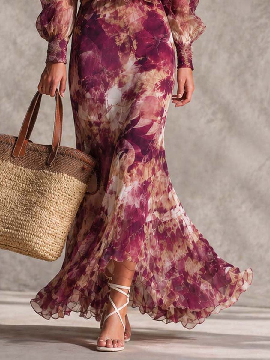 Abito lungo in chiffon a fiori rosa cipria con spalle scoperte