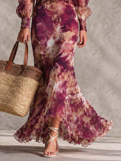 Abito lungo in chiffon a fiori rosa cipria con spalle scoperte
