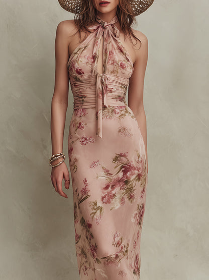 Lia - Abito lungo in chiffon stampato floreale elegante con scollatura a foro chiave
