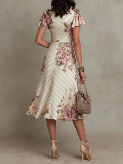 Alba | Elegante abito midi avvolgente con motivo floreale e ruches