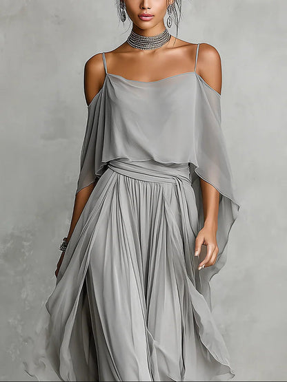Isabella | Top fluido grigio e pantaloni in chiffon - set • S1