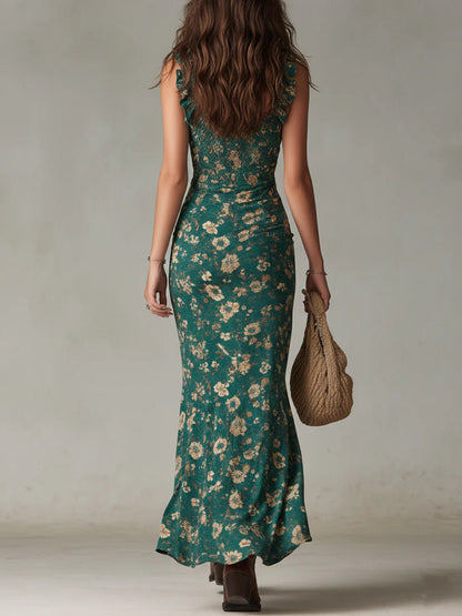 Abito lungo verde stampato in stile bohemien con maniche a volant