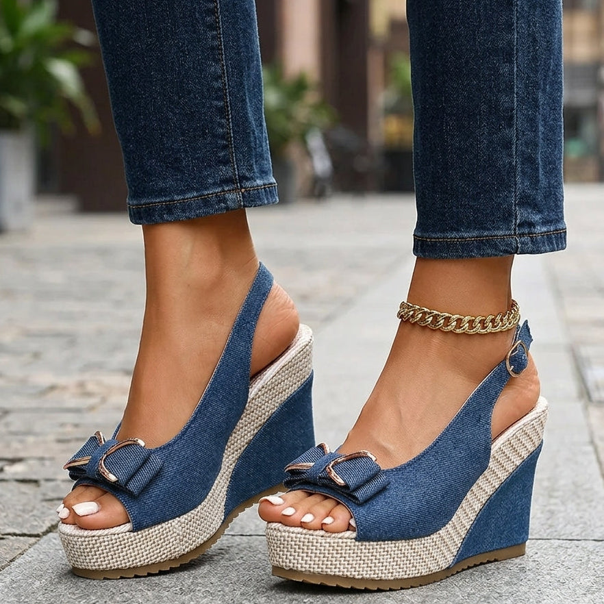 Celeste zeppe in denim con fiocco
