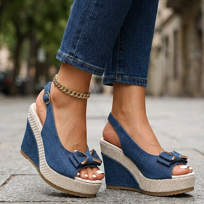 Celeste zeppe in denim con fiocco