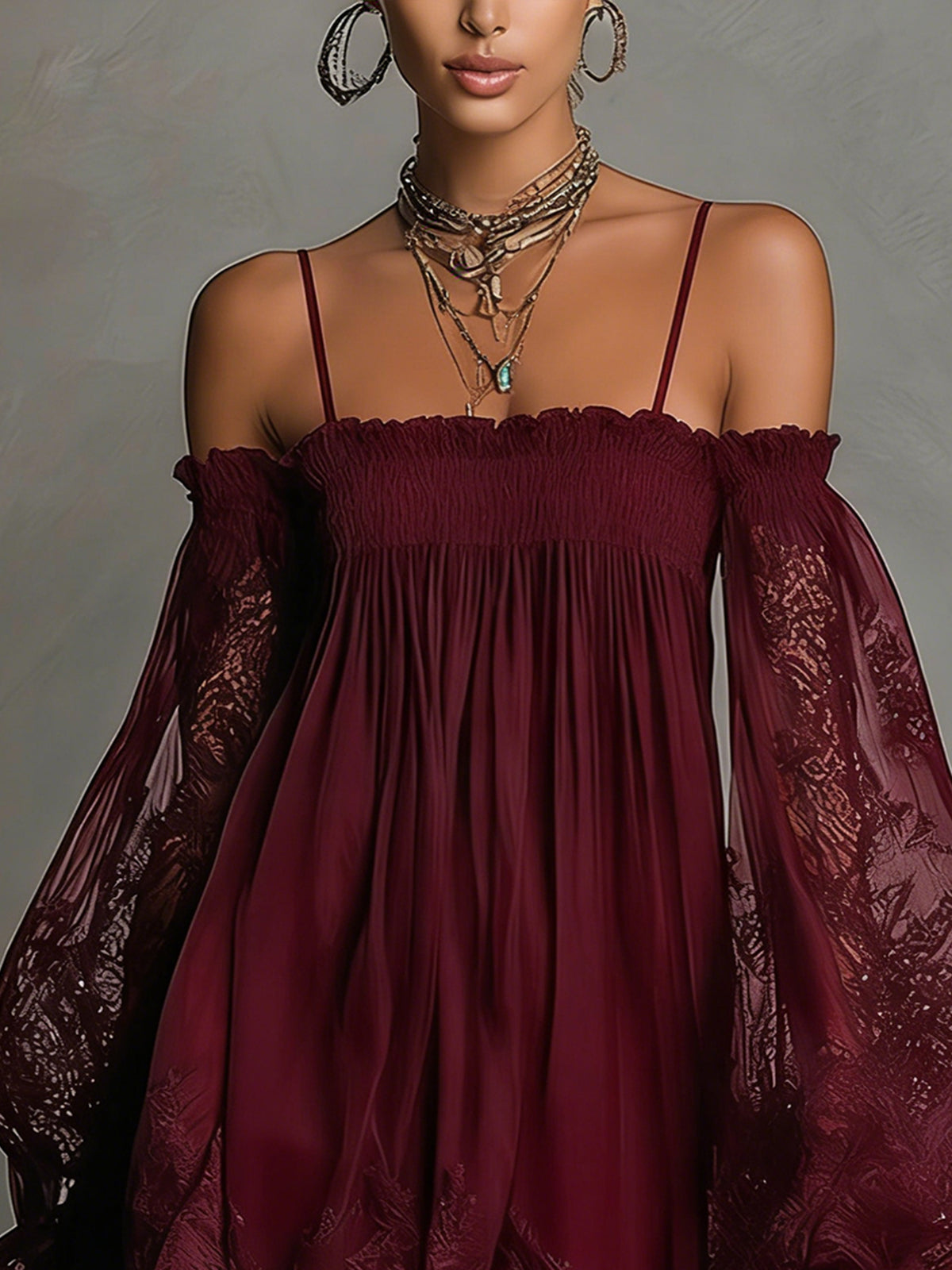 Noemi | Abito mini in chiffon blu navy con scollo a spalle scoperte, bordo in pizzo e maniche trasparenti