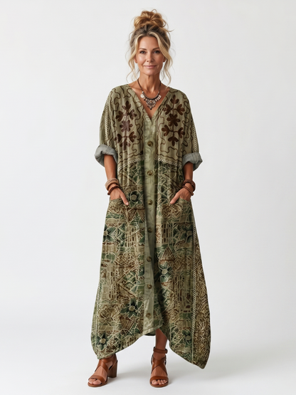 Aleta | Vestito midi oversize con bottoni frontali e ricami, tasca oversize