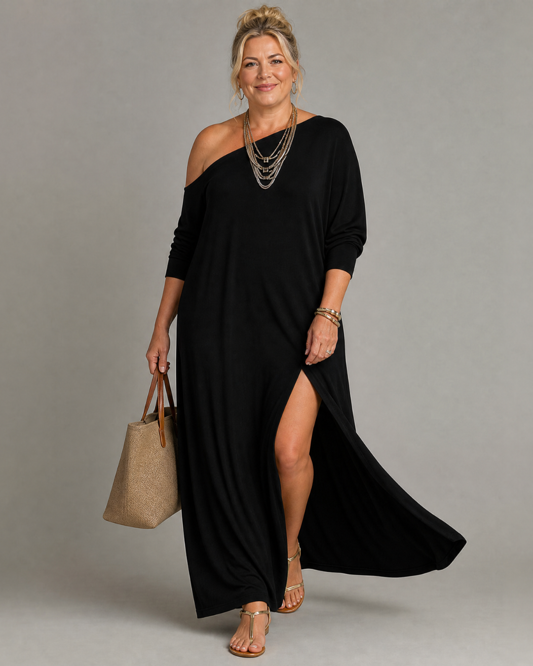 Asterelle | Vestito midi fluido monospalla con spacco laterale
