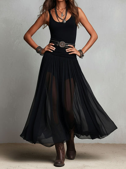 Vestito maxi nero elasticizzato in stile boho-western con gonna trasparente