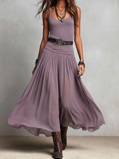 Vestito maxi nero elasticizzato in stile boho-western con gonna trasparente