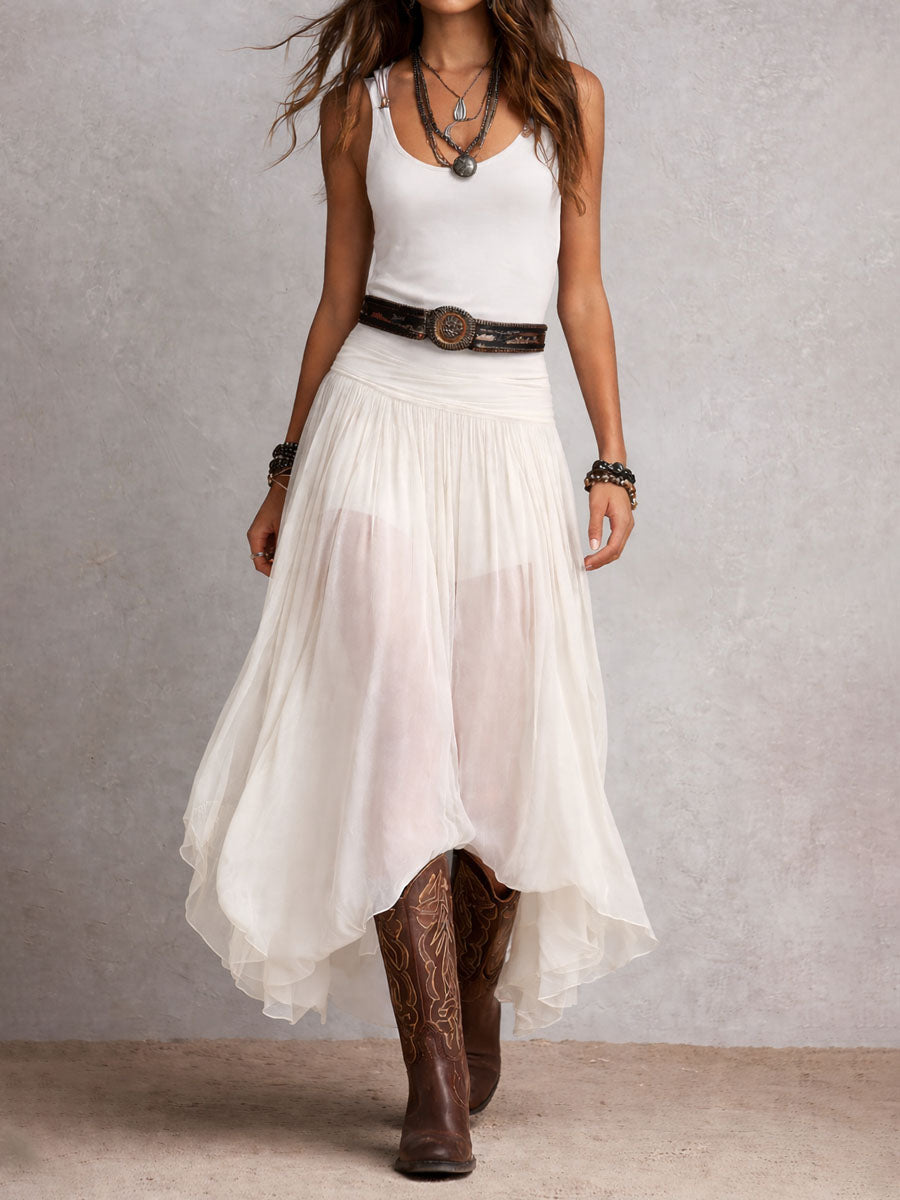 Vestito maxi nero elasticizzato in stile boho-western con gonna trasparente