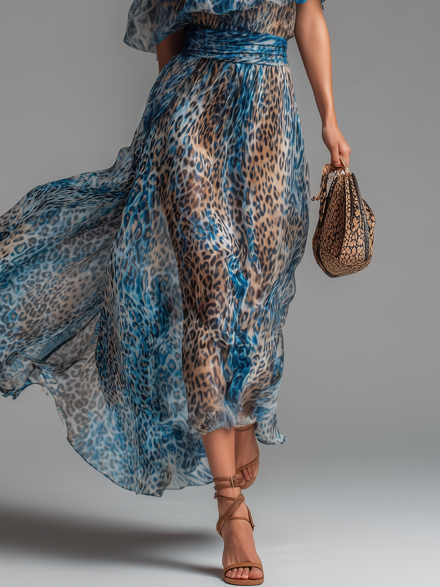Wild - Abito lungo in chiffon con stampa leopardata e spalle scoperte