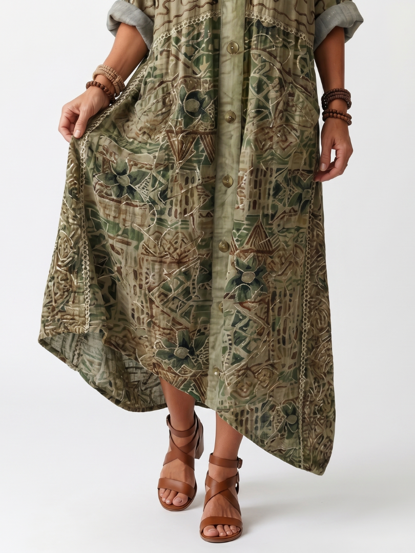 Aleta | Vestito midi oversize con bottoni frontali e ricami, tasca oversize