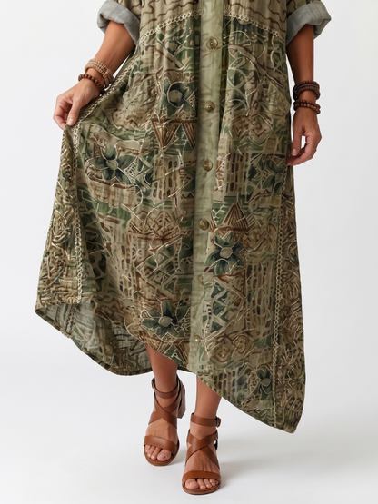 Aleta | Vestito midi oversize con bottoni frontali e ricami, tasca oversize