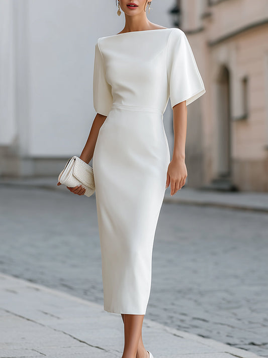 Vestito midi con collo a barca, maniche corte, taglio sartoriale