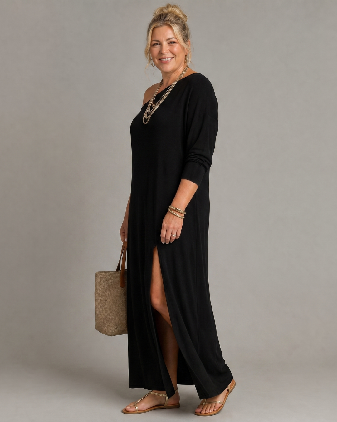 Asterelle | Vestito midi fluido monospalla con spacco laterale