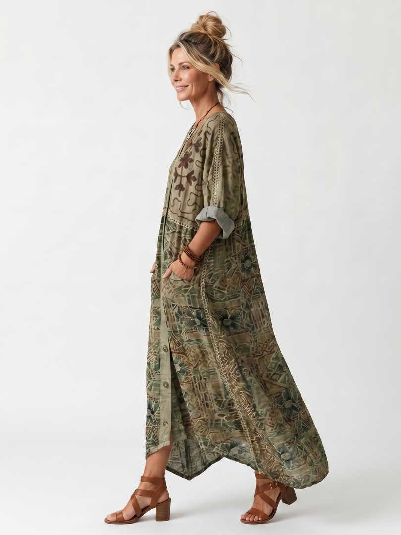 Aleta | Vestito midi oversize con bottoni frontali e ricami, tasca oversize
