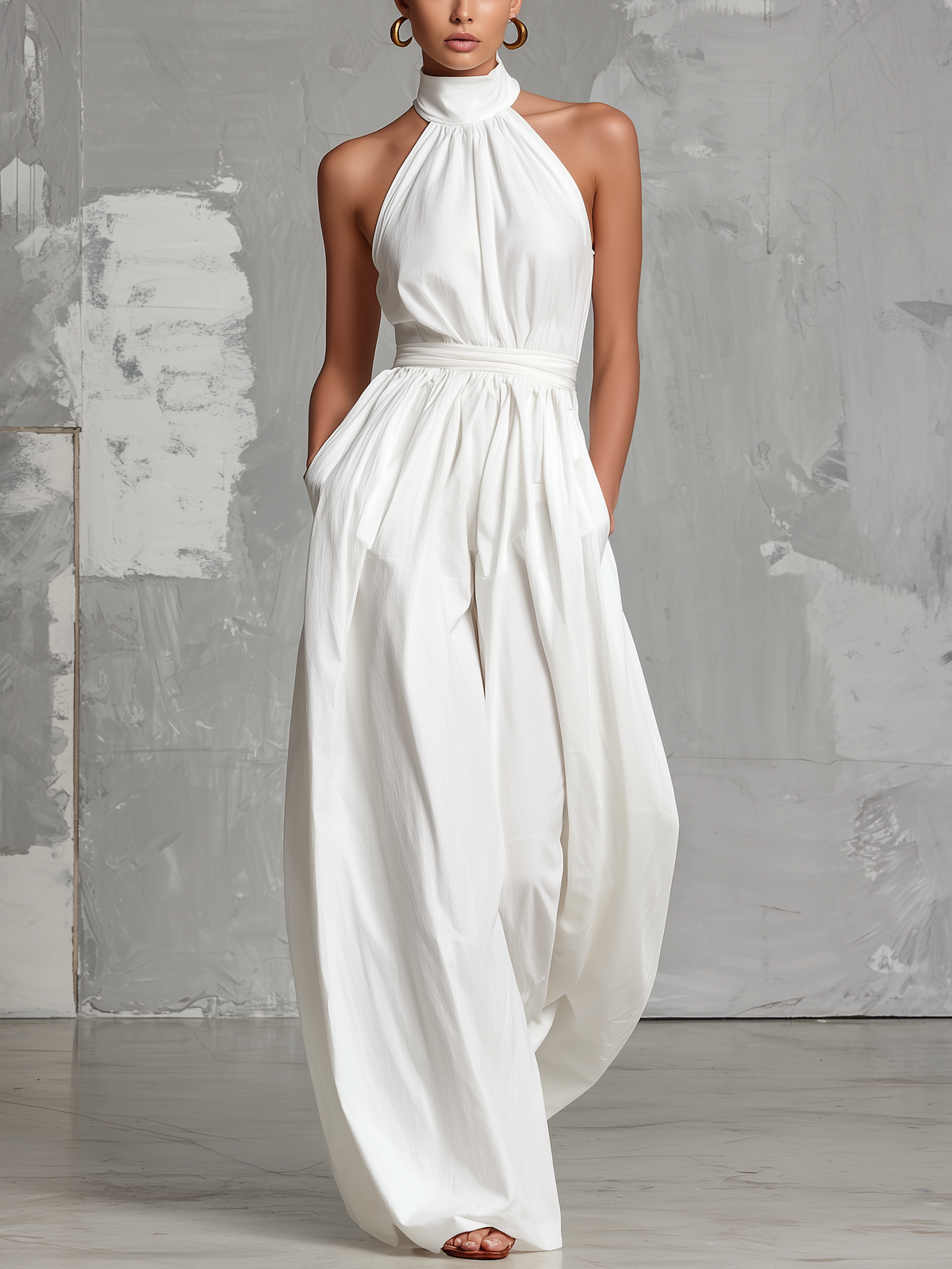 Zoltán | Tuta bianca elegante in tessuto intrecciato, senza maniche, con scollo a halterneck • S1