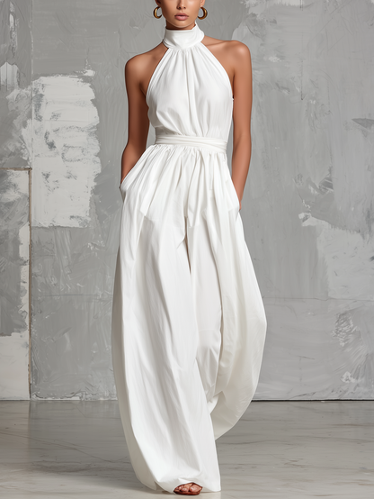 Zoltán | Tuta bianca elegante in tessuto intrecciato, senza maniche, con scollo a halterneck • S1