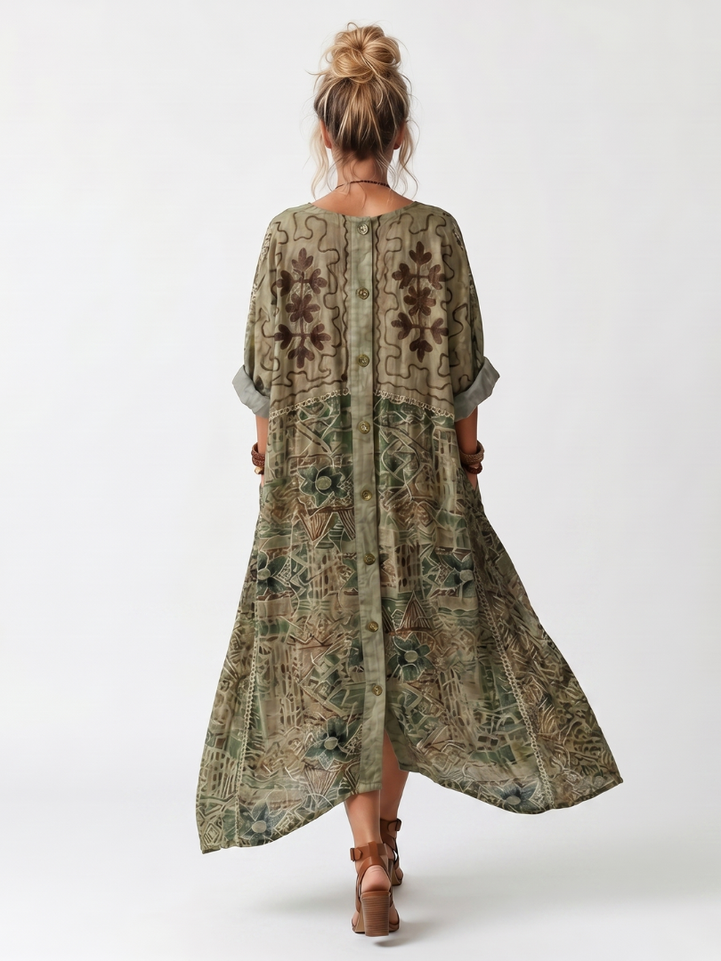 Aleta | Vestito midi oversize con bottoni frontali e ricami, tasca oversize
