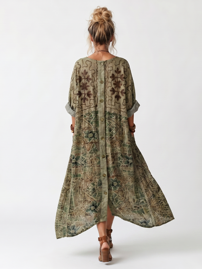 Aleta | Vestito midi oversize con bottoni frontali e ricami, tasca oversize