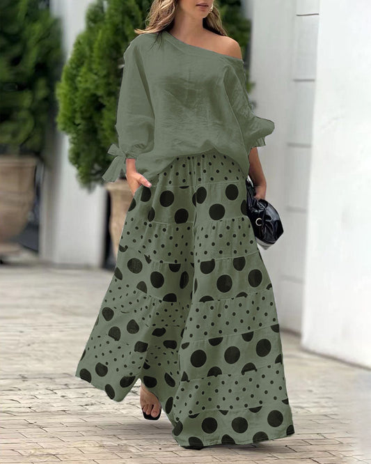 Abby Set di top casual a spalla e pantaloni stampati