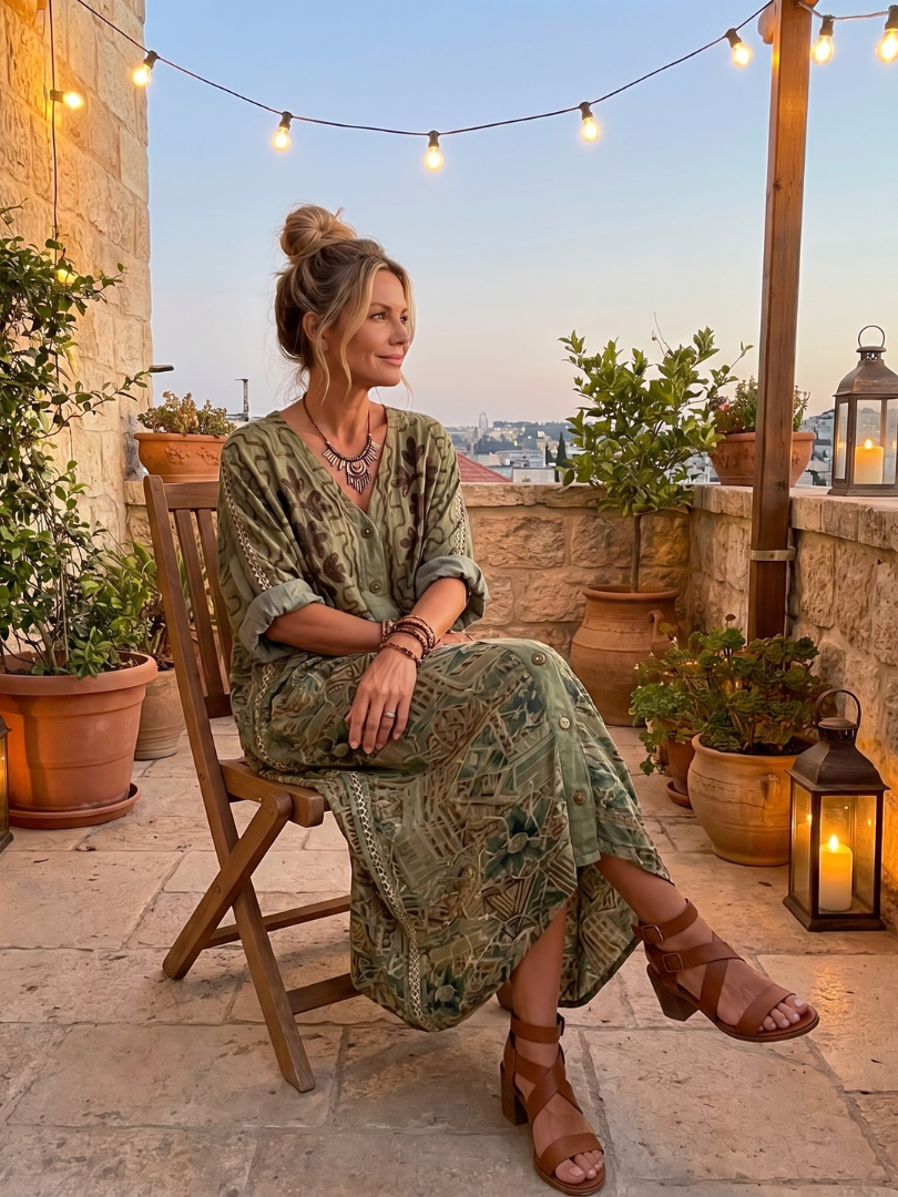 Aleta | Vestito midi oversize con bottoni frontali e ricami, tasca oversize