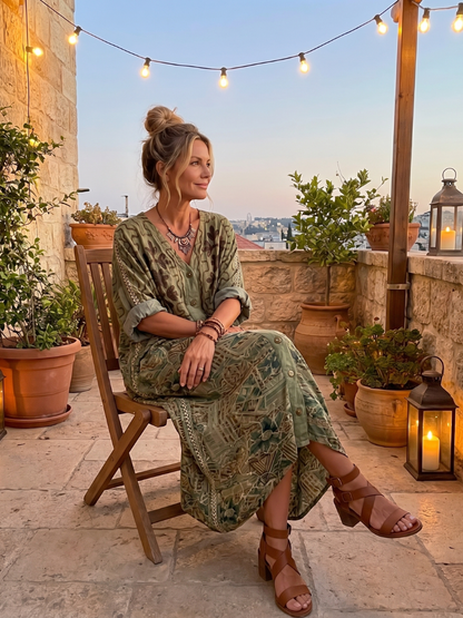 Aleta | Vestito midi oversize con bottoni frontali e ricami, tasca oversize