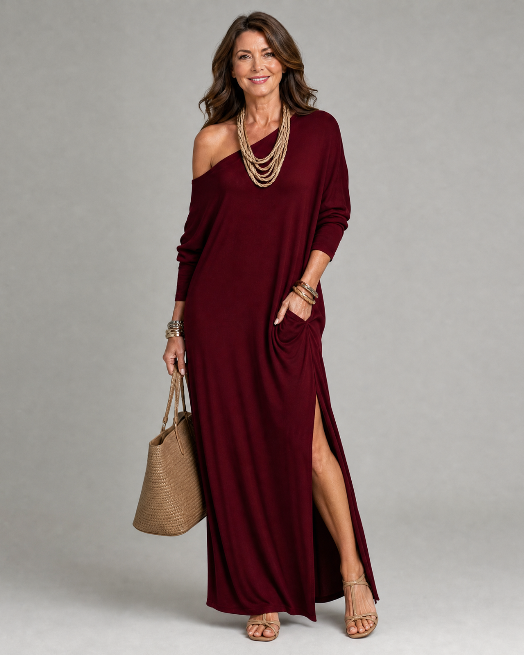 Asterelle | Vestito midi fluido monospalla con spacco laterale