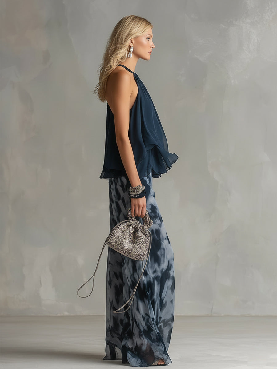 Ludovica | Top all'halter blu navy elegante e completo stampato con pantaloni a palazzo